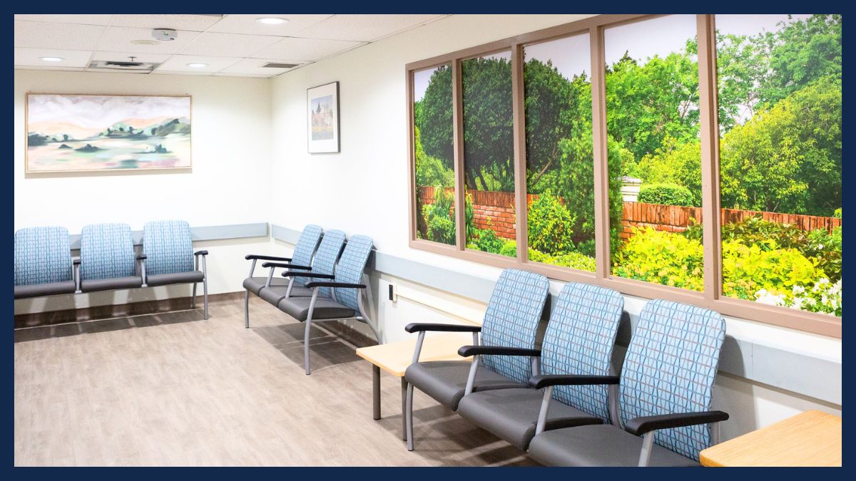 the green zone waiting room with chairs, artwork, and a mural of trees