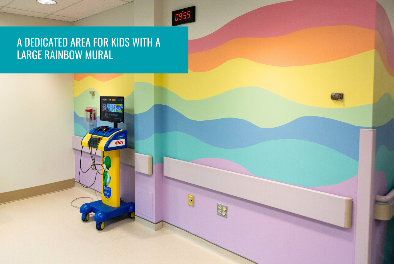 a colourful rainbow mural is painted on the wall of the pediatric zone