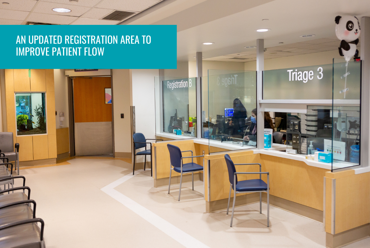 St. Joe's staff sit behind a desk in the triage area. The words Triage 3 are written on the window