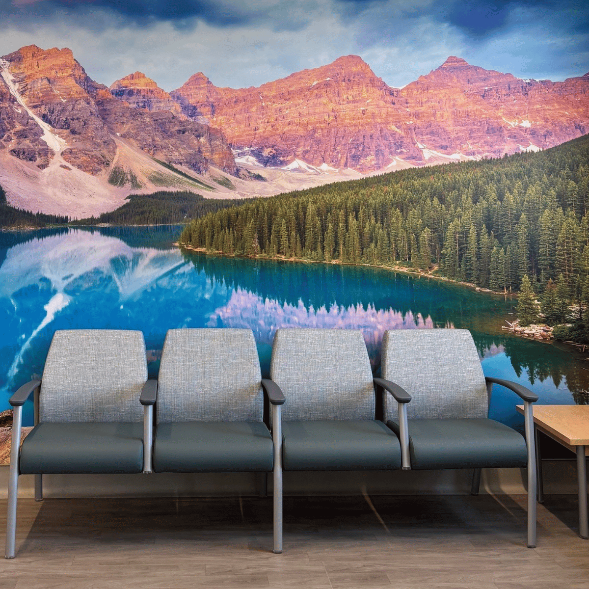 Waiting room with a beautiful mural in the background